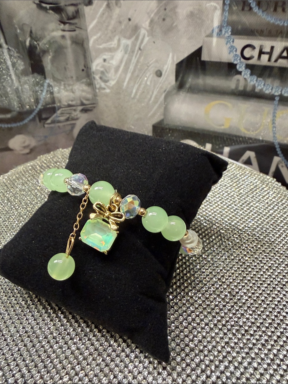 Gold Bow glass Charm Bracelet with Mint Green Beads. 🆕